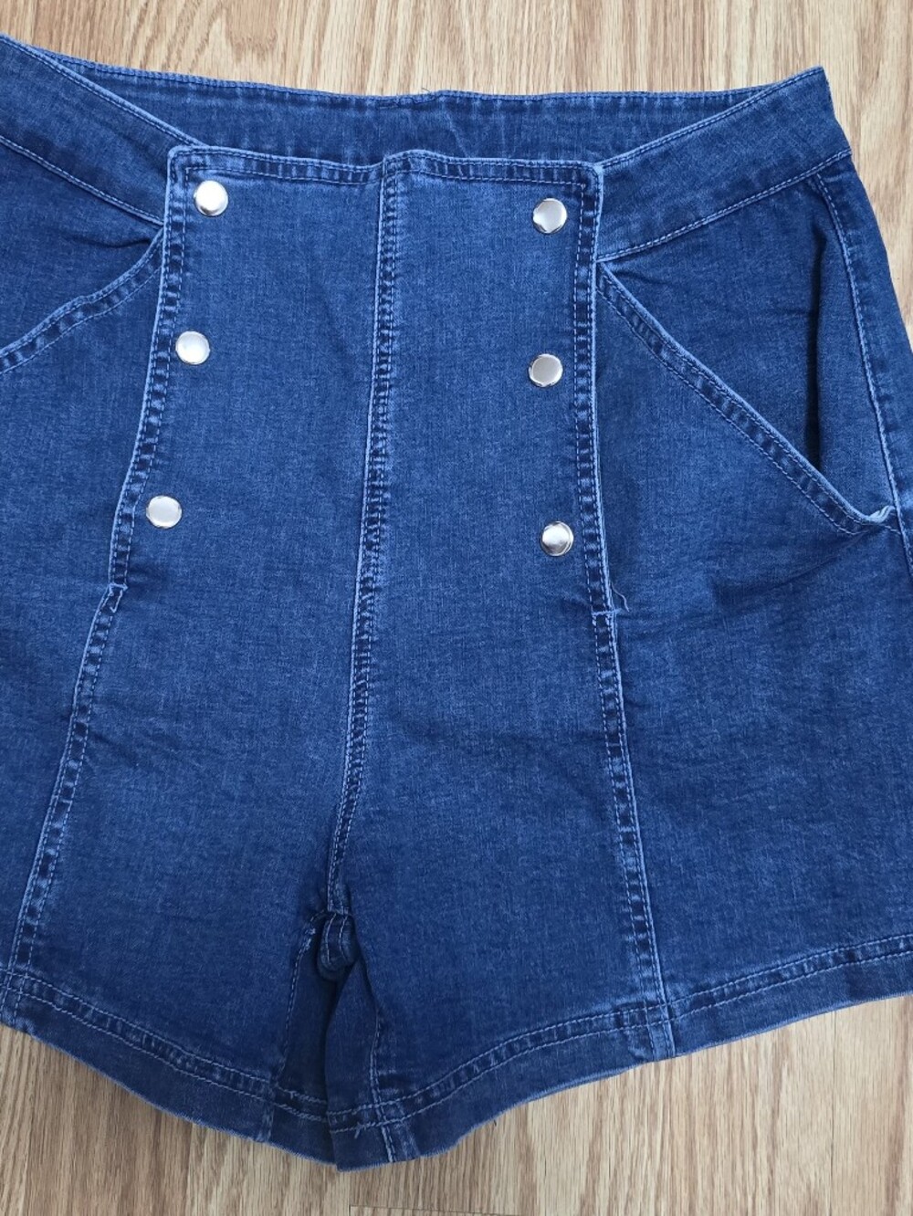 High-Rise Dark Blue Denim Shorts with Snap Front Gold